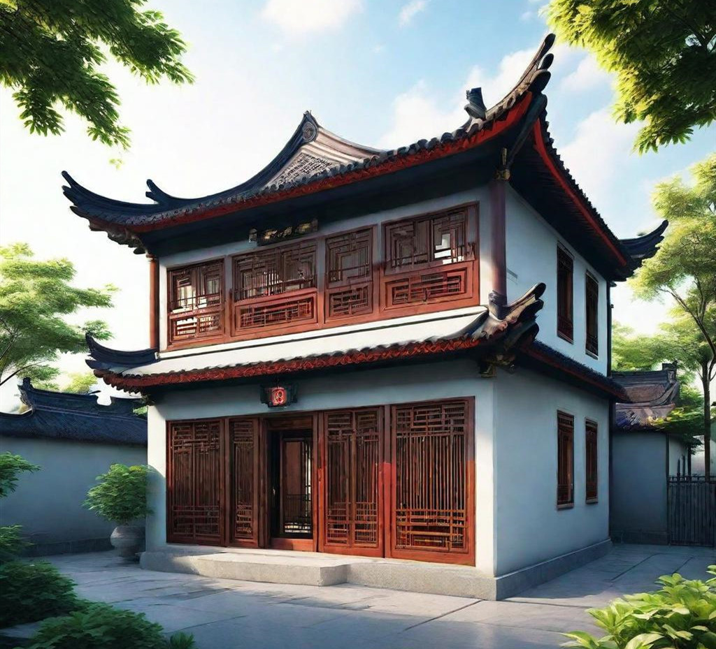 掛空調(diào)室外機(jī)后的二層中式風(fēng)格的輕鋼別墅