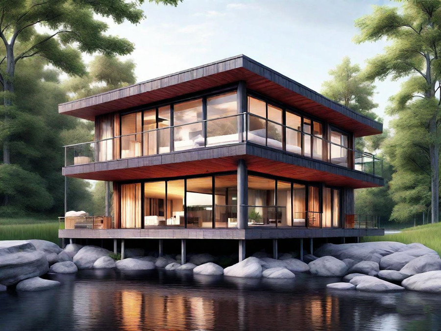 在湖邊搭建的二層鋼木結(jié)構(gòu)別墅